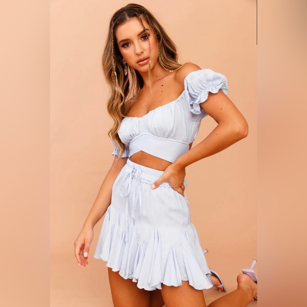 Sage and Paige off the shoulder crop top in steel blue